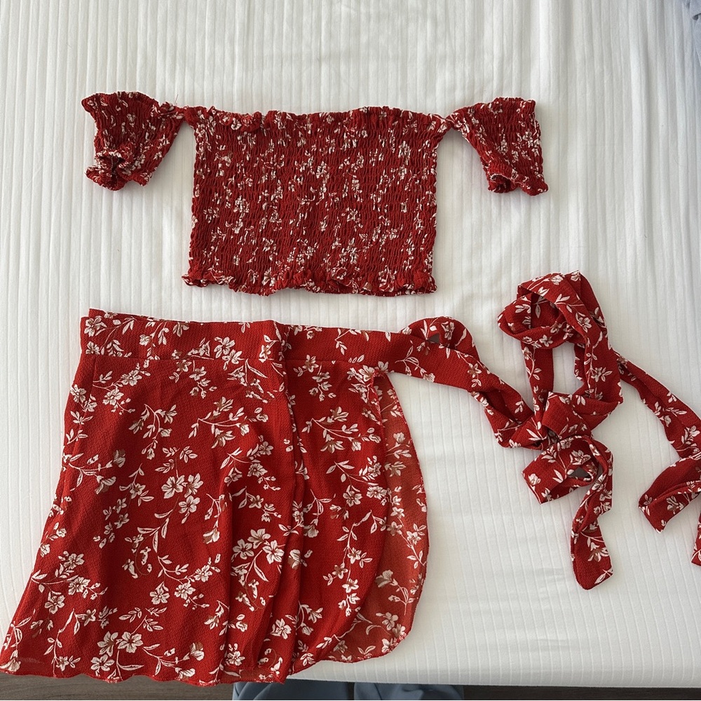 Red Floral Off-Shoulder Top and Skirt Set